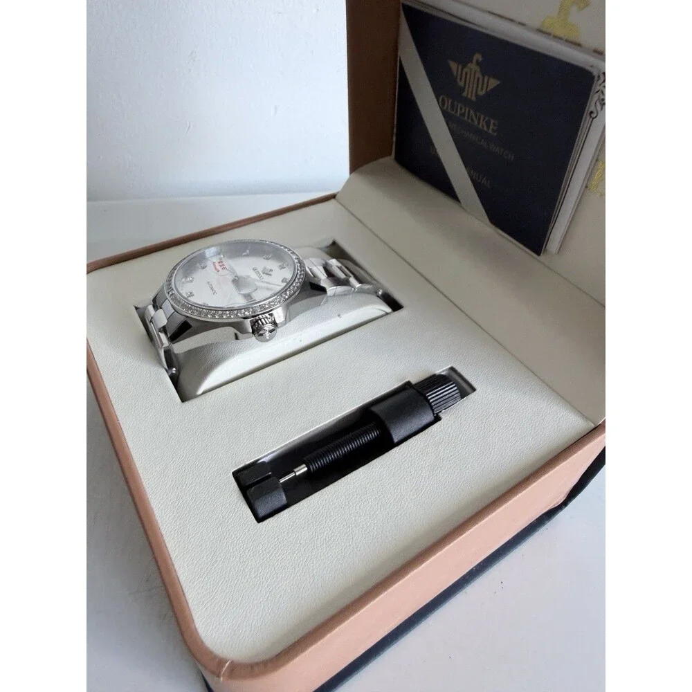 OUPINKE Automatic Day/Date Silver Dial Stainless Steel Bracelet Watch w/Box